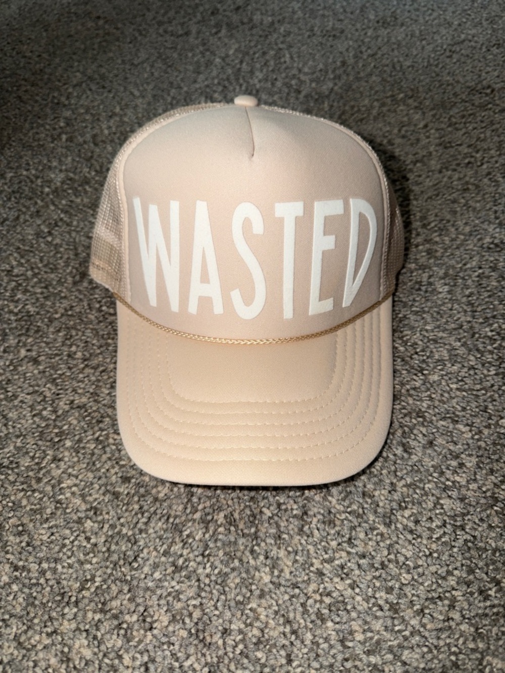 WASTED Graphic Trucker Hat - Light Beige with White Text NEVER WORN
